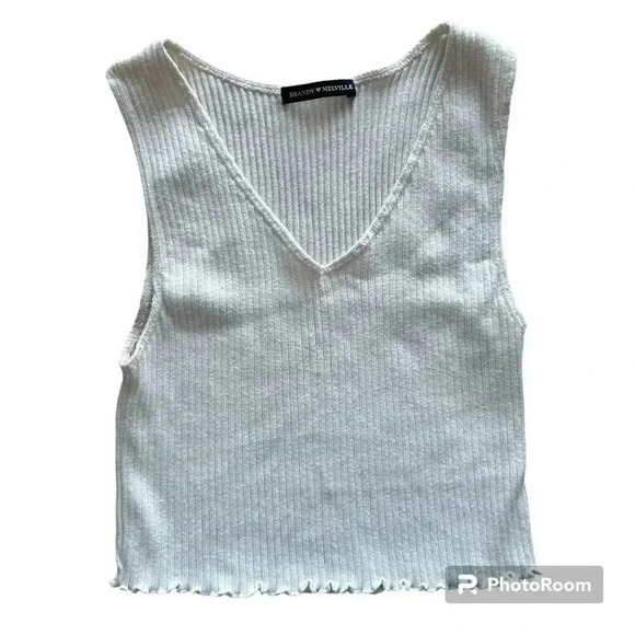 Brandy Melville Tops - Brandy Melville Ribbed V-Neck Sleeveless Top Ruffle Bottom Size Small Cropped  i